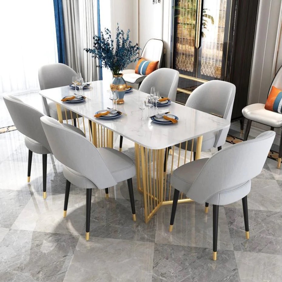 Dining Set 2 Contemporary White & Gold Dining Set